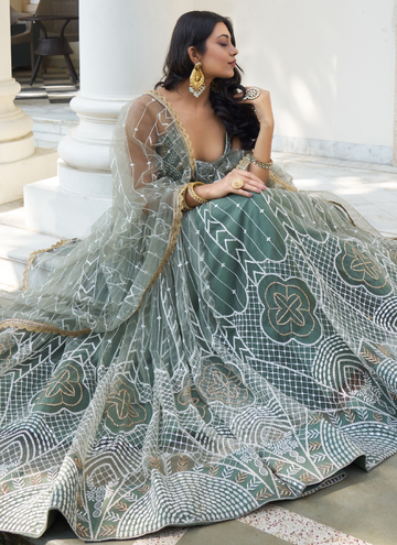 Mesmerizing Pastel green net Lehenga with embroidered blouse for all events.